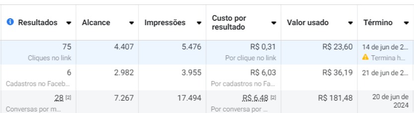 Print das 3 campanhas de tráfego pago na Meta