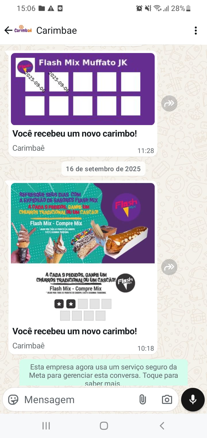 Cartão de fidelidade no WhatsApp - modelo personalizado do Carimbaê